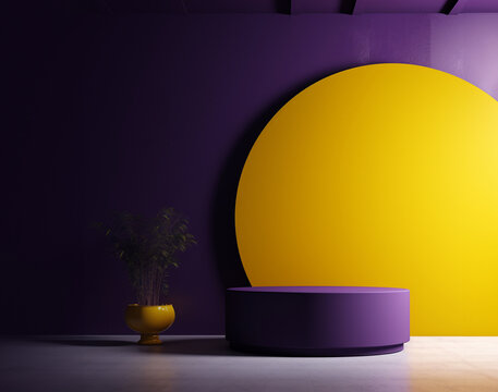 Podium. Abstract geometric background. Purple and yellow shape. Empty clean wall. Presentation template. Generative AI.
