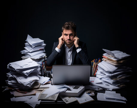 Tired of work and many tasks, businessman sitting. Dark background. Notes, ideas, tasks, background cards.  Hard work and fatigue. Stack of documents and notes. Stress at work. Generative AI.