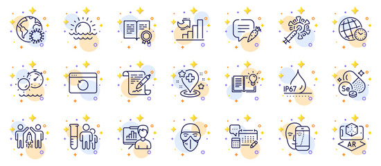 Fototapeta na wymiar Outline set of Recovery internet, Account and Product knowledge line icons for web app. Include Certificate, Partnership, Augmented reality pictogram icons. Face biometrics, Growth chart. Vector