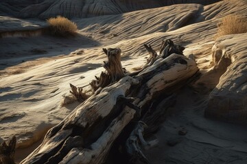 Light and shadow on eroded desert texture. Fallen tree in barren landscape. Generative AI