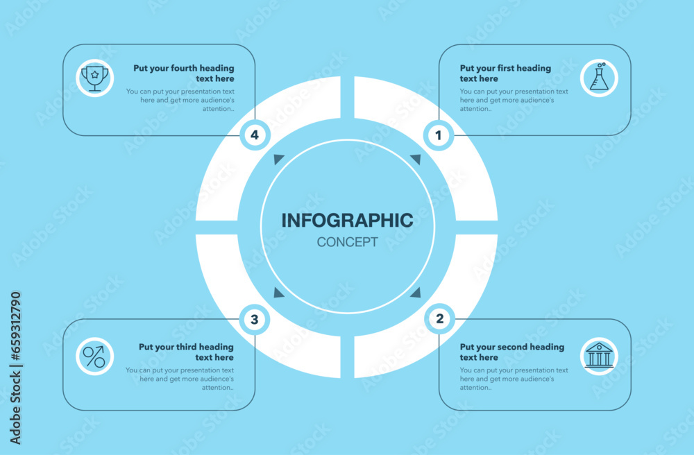 Poster Circle diagram with four steps with numbers and minimalistic icons - blue version. Can be used for your website or presentation.