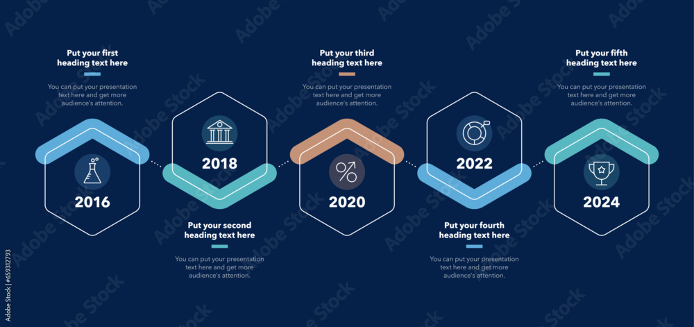 Poster Timeline infographic template with five stages - dark version. SImple chart design for workflow layout, diagram, banner, web design.