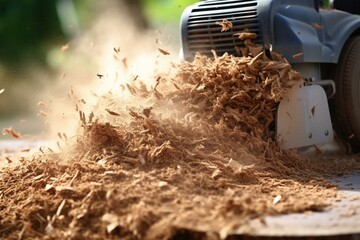 Close-up view of a machine grinding a tree stump into sawdust and mulch. Generative AI - obrazy, fototapety, plakaty