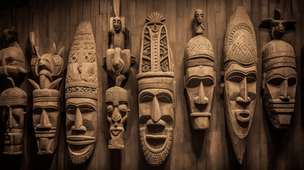 African Tribal Masks with carved details displayed against a wall.