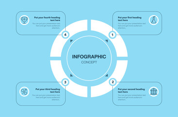 Circle diagram with four steps with numbers and minimalistic icons - blue version. Can be used for your website or presentation.