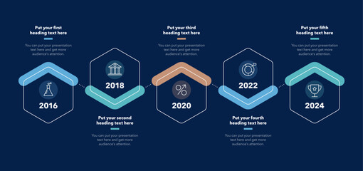 Timeline infographic template with five stages - dark version. SImple chart design for workflow layout, diagram, banner, web design.