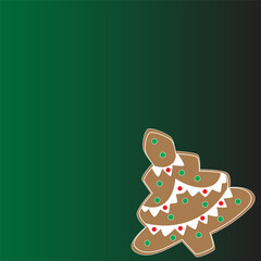 Holiday gingerbread Christmas tree cookies with colored icing on green background. Vector illustration. Happy new year decoration. Merry Christmas holiday celebration