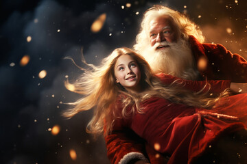 Santa Clause flying with little girl in clouds. Christmas fairytale. Christmas time