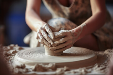 Close up hands of a young woman shaping clay on a pottery wheel in the background of a modern pottery room. Lifestyle concept of holidays and hobbies. - obrazy, fototapety, plakaty