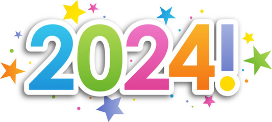 2024! colorful typography with stars on transparent background