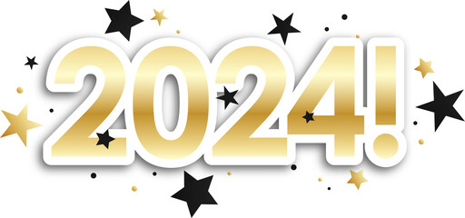 2024! black and metallic gold typography with stars on transparent background - obrazy, fototapety, plakaty