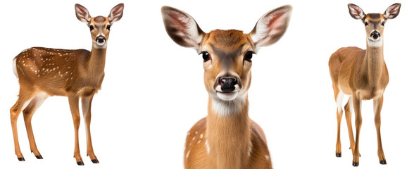 Doe collection (portrait, standing, side view), animal bundle isolated on a white background as transparent PNG