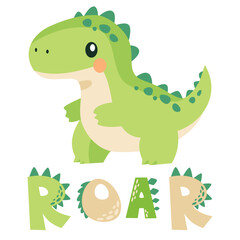 Vector children's illustration. Cute Terranosaurus and the inscription ROAR. Print for children's products . Vector illustration