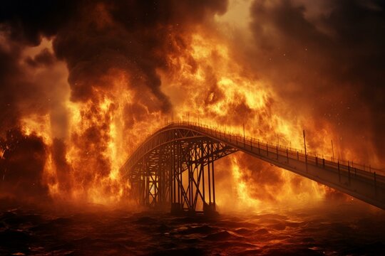 A bridge engulfed in flames and smoke. Generative AI