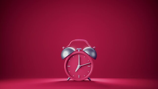Abstract loop 3d animation of ringing red alarm clock on red background