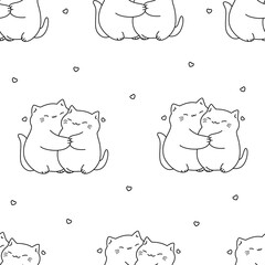 Seamless vector pattern. Cute fat kitties hugging, hearts. Valentine's Day pattern, animals in love. Vector illustration