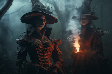 Witches tale fantasy Halloween otherworldly forces, hat conjuring, making witchcraft. Magician, Medieval dress, silk clothes. Sorcery, brewing a potion. A gloomy dramatic background.