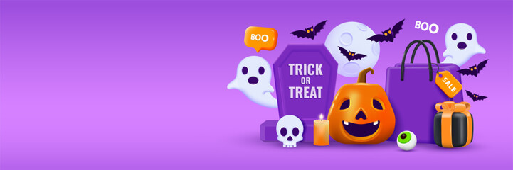 3D Halloween Background template with Happy Halloween text. Halloween design element In 3D and plastic cartoon style. Halloween pumpkin 3D style for poster, banner, greeting card. Vector 3d illustrati