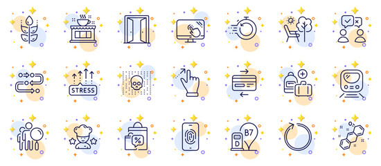 Outline set of Touch screen, Stress grows and Sale bags line icons for web app. Include Metro, Open door, Search people pictogram icons. Gluten free, Credit card, Deckchair signs. Vector