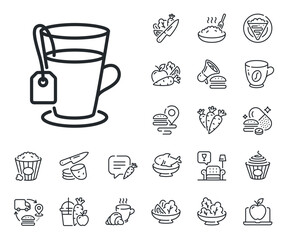 Hot drink sign. Crepe, sweet popcorn and salad outline icons. Tea with bag line icon. Fresh beverage symbol. Tea line sign. Pasta spaghetti, fresh juice icon. Supply chain. Vector