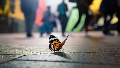 Fototapeta na wymiar butterfly on the street butterfly, people, insect, nature, crowd, street, walking, city, flower, shopping, summer, life, 