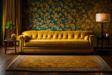 A Yellow Sofa, a rug, and a lamp