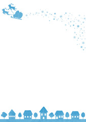 ソリに乗ったサンタクロースとシンプルな町並み