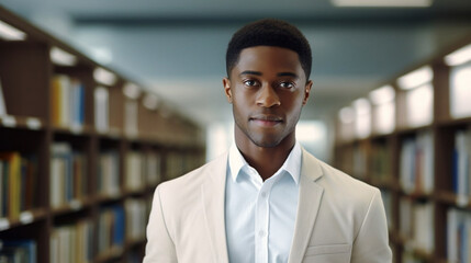 Fototapeta premium stockphoto, copy space, Black man in a library holding a book. light colored interior, The background consists of bookshelves filled with books. Education theme. Literature.