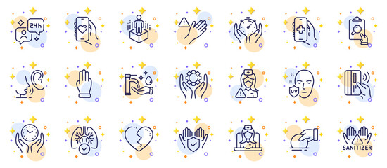 Outline set of Employee hand, Nurse and Lungs line icons for web app. Include Telemedicine, Three fingers, Donate pictogram icons. Dating app, Dont touch, Timer signs. Consulting. Vector