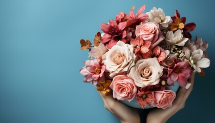 bouquet of roses. Hands holding a bouquet of roses isolated on blue background. Wedding bouquet. Valentine's day. Red roses. Flowers