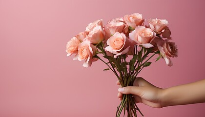 bouquet of pink roses. Hands holding a bouquet of roses isolated on pink background. Wedding bouquet. Valentine's day. Red roses. Flowers