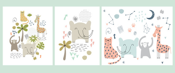 Vector posters with safari animals. Exotic decoration on a white background. © Tapilipa