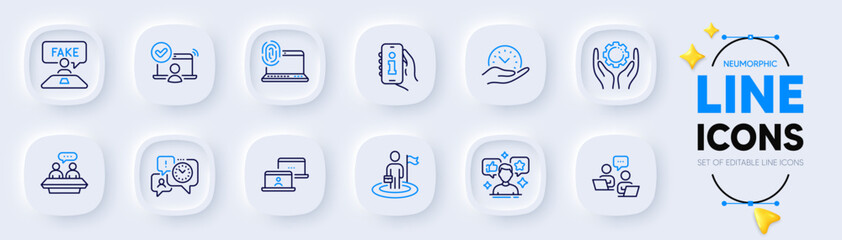 Outsource work, Teamwork and Info app line icons for web app. Pack of Employee hand, Online access, Safe time pictogram icons. Computer fingerprint, Leadership, Employees talk signs. Vector