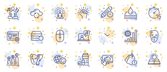Outline set of Project deadline, Yoga and Seo gear line icons for web app. Include Sick man, Cloud sync, Empower pictogram icons. Sun energy, Medical drugs, Swipe up signs. Yoga music. Vector