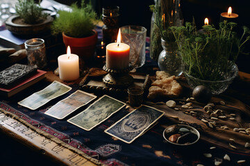 Naklejka na ściany i meble Tarot cards are spread out for a reading on a cloth surface