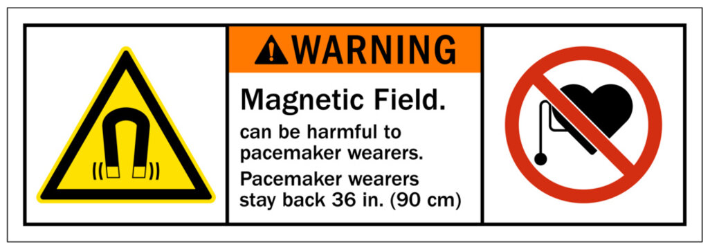 Pacemaker and magnetic hazard warning sign and labels magnetic field can be harmful to pacemaker wearers