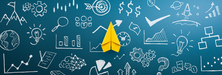 Yellow paper plane and business strategy. Business success, innovation and solution concept.
