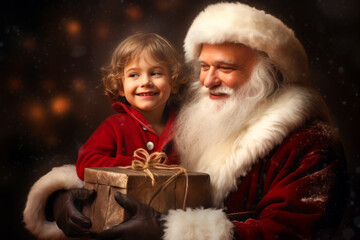 Fototapeta na wymiar Little boy getting gift from Santa Claus in Santa home. Christmas fairytale