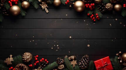 Christmas background with dark, moody and festive Christmas season elements. Elegant winter ornaments, pine cones, and snowflakes, creating a magical holiday atmosphere. Gifts and pine needles. - obrazy, fototapety, plakaty