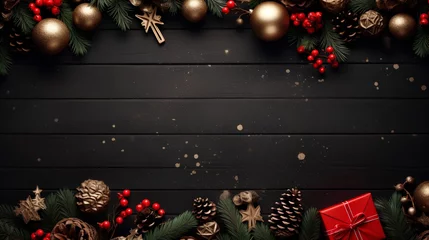 Fotobehang Christmas background with dark, moody and festive Christmas season elements. Elegant winter ornaments, pine cones, and snowflakes, creating a magical holiday atmosphere. Gifts and pine needles. © TensorSpark