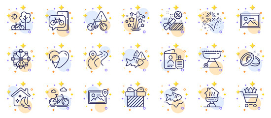 Fototapeta na wymiar Outline set of Bike attention, Sleep and Surprise line icons for web app. Include Road, Fireworks stars, Fishfinder pictogram icons. Fireworks, Bicycle, Home grill signs. Passport, Grill. Vector