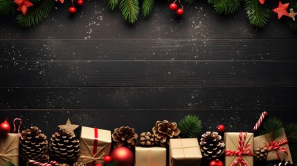 Christmas background with dark, moody and festive Christmas season elements. Elegant winter ornaments, pine cones, and snowflakes, creating a magical holiday atmosphere. Gifts and pine needles.