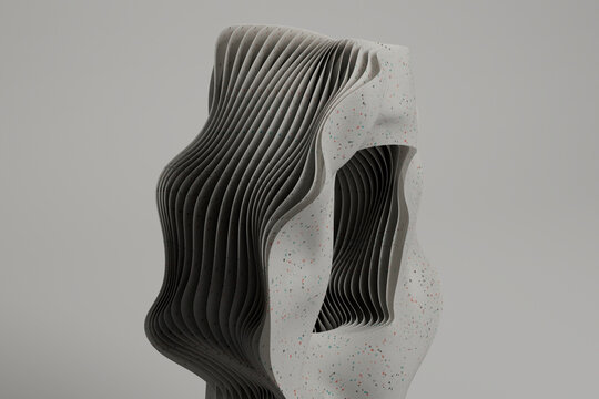 3D render of layers of white spotted material with rectangular hole in center