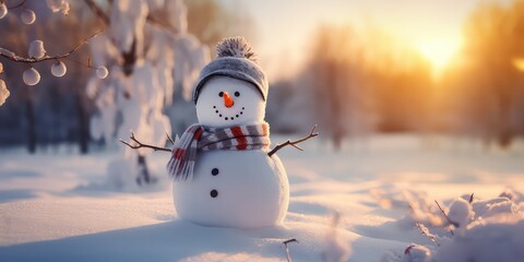 Happy Snowman on the snow on light soft.