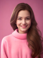 Fototapeta premium Pretty blonde woman, big lips on pink background. Smiling natural healthy girl lady with european appearance looking at camera. high quality photo
