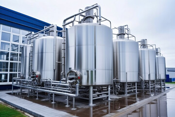 Obraz premium Dairy production, steel tankers milk storage. Pipes and communications for transportation around plant. Storage and processing of dairy products. Huge steel tanks at a dairy production plant.