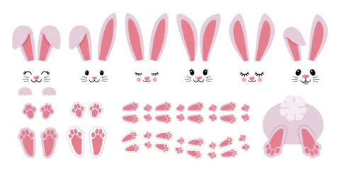 Foto op Aluminium Cartoon bunny elements. Cute bunny footprint trail, paws, ears and faces. Funny bunnies head and muzzle. Decorative element for Easter. Printable stickers scrapbooking. Vector set © Foxy Fox