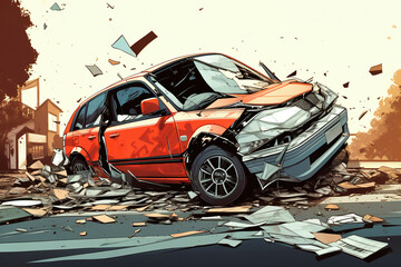 The car get damaged in an accident on the road. Broken car after a collision. Serious car accident. Road traffic accident.