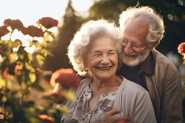 Elderly couple hugging in the park, having fun laughing, joking together, happy couple having a happy time, smiling, enjoying family vacation, senior love concept. Romance. Love.