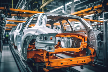 Fototapeta premium Automated assembly line for robot manipulators for the production of high-tech electric vehicles running on clean energy. Automatic construction, construction, industrial production welding conveyor